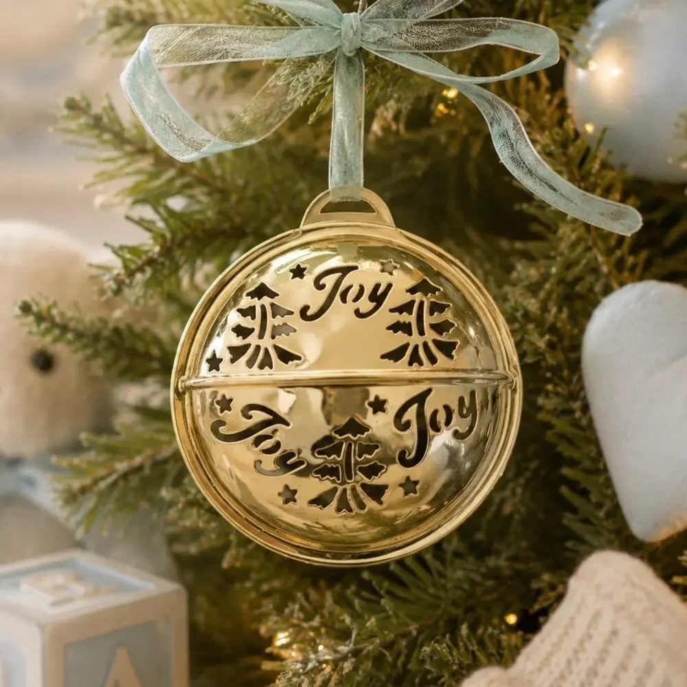 👶🏼🪇🎄Gold Tone Joy Jingle Bell Baby Christmas Ornament Tree Cutout Hang Decor